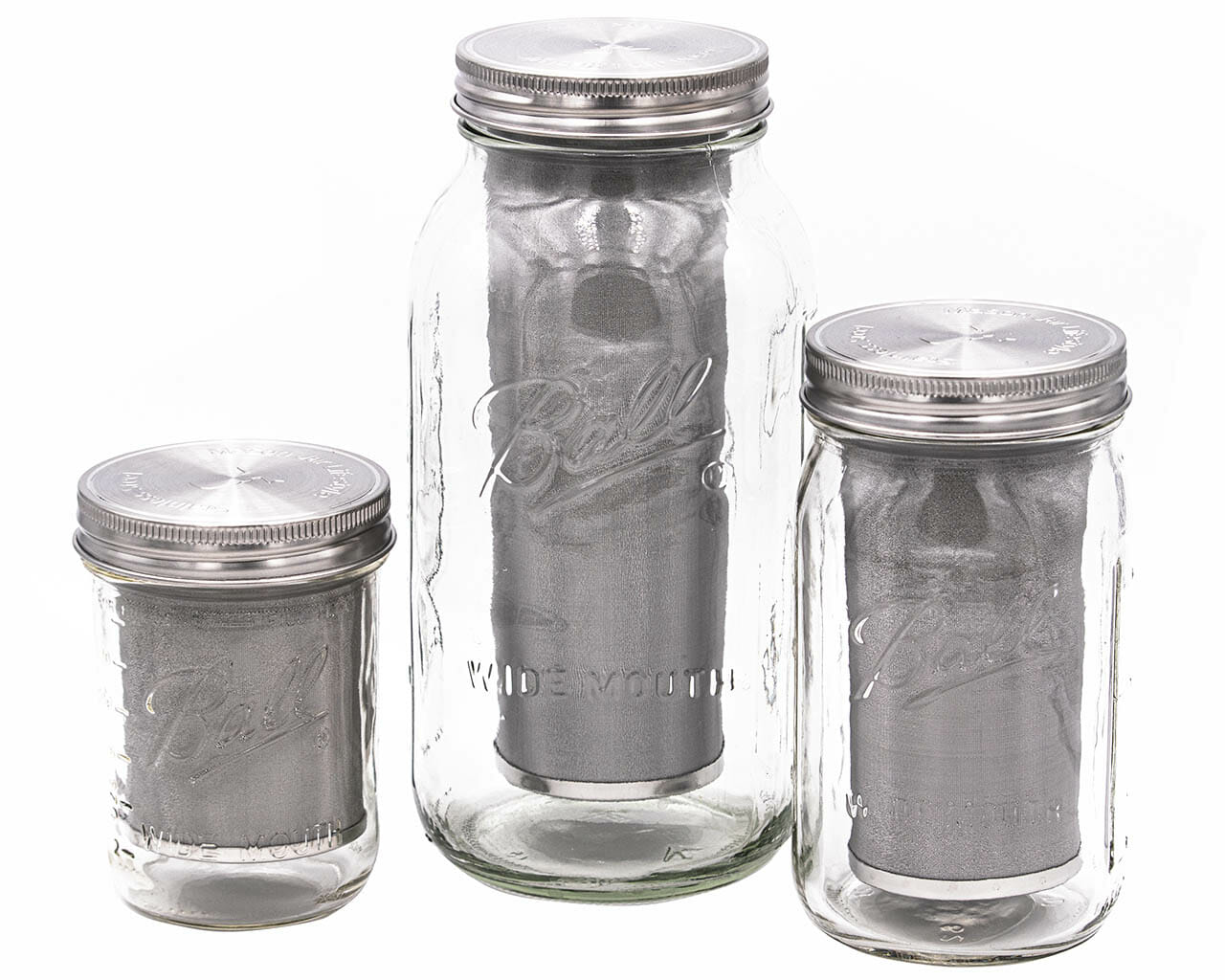 Three glass mason jars for tea steeping filter