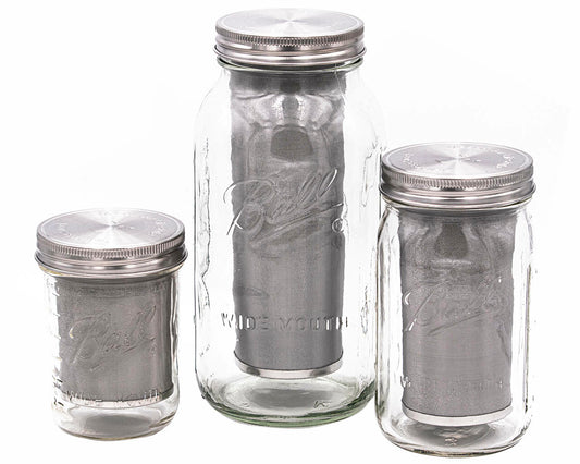 Three glass mason jars for tea steeping filter